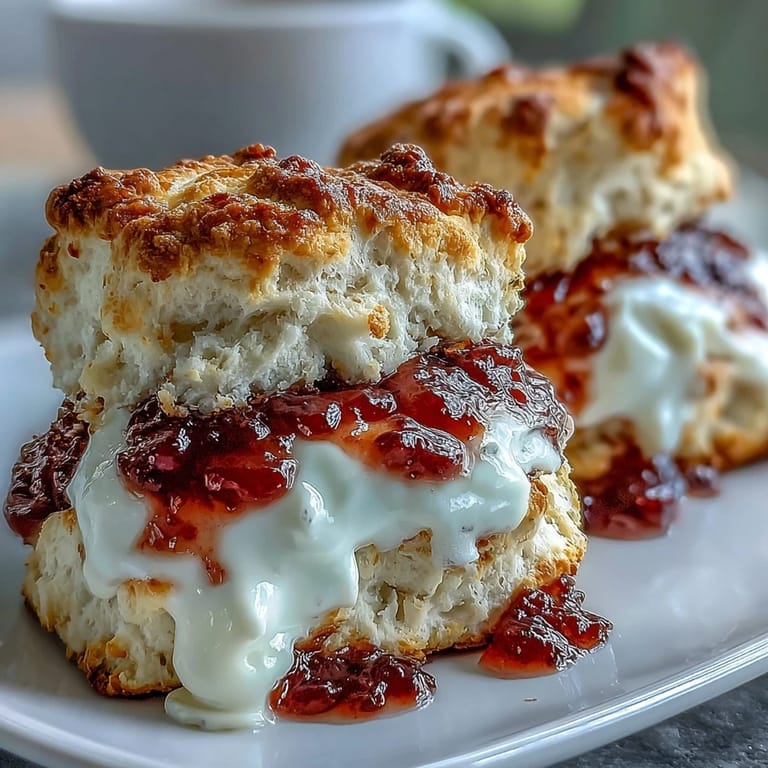 Zarte Scones, frisch aus dem Ofen, mit Clotted Cream und Erdbeermarmelade serviert.