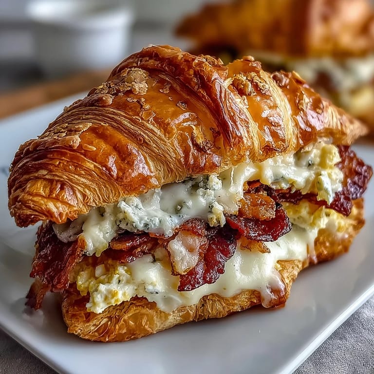 2. Knusprige Buttercroissants mit cremigem Rührei und geschmolzenem Käse – perfekt für einen gemütlichen Brunch oder einen stressigen Morgen.