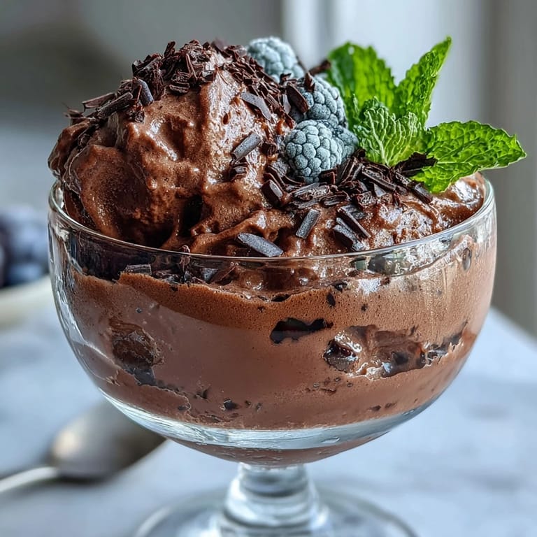 Cottage Cheese Chocolate Mousse Cups with Fresh Berries, creamy protein-rich dessert topped with vibrant mixed berries and dark chocolate shavings.