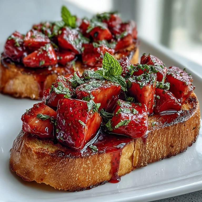 Erdbeer-Minze-Bruschetta mit goldgelbem Toastbrot und Balsamico-Drizzle, perfekt für Sommerpartys.