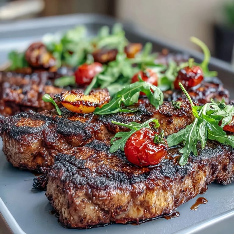 Bunter Teller mit saftigen gegrillten Pfirsichhälften, Burrata-Stückchen und bunten Kirschtomaten auf grünem Rucola.