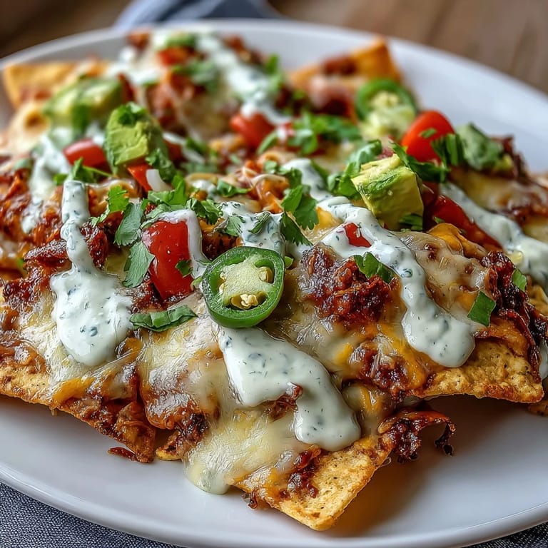 Tortilla-Chips, belegt mit goldgelber Käsesauce, gewürfeltem Gemüse und cremiger Sauerrahm, bereit für den Genuss.