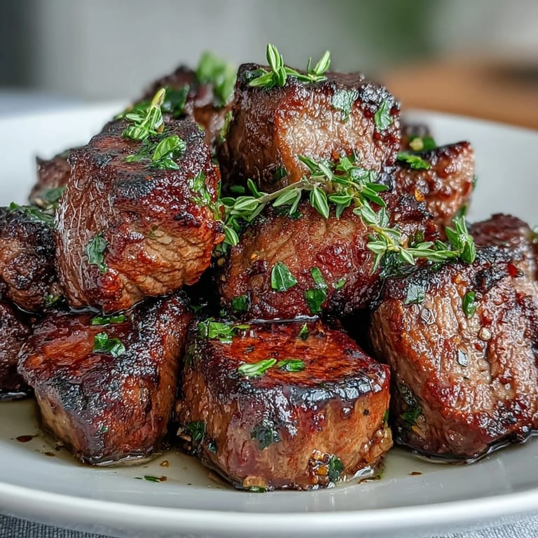 Knoblauch-Butter-Steak-Bissen mit frischen Kräutern, goldbraun gebraten und servierbereit in einer gusseisernen Pfanne.  