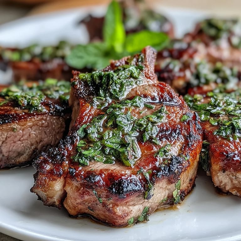 Saftige Lammkoteletts auf dem Grill mit einer leuchtend grünen Minz-Gremolata – ein frisches, zitroniges Finish für mediterranen Genuss.