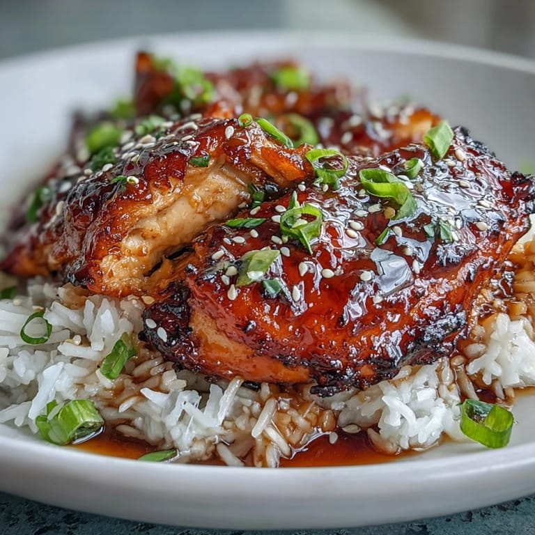 Saftiges Honig-Knoblauch-Hähnchen, serviert mit gedämpftem Reis, eine köstliche Mahlzeit.