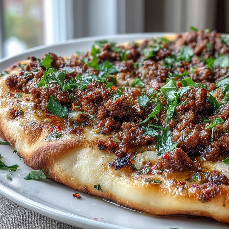Knuspriges Türkisches Lahmacun mit Lamm, frischen Kräutern, appetitlich serviert.