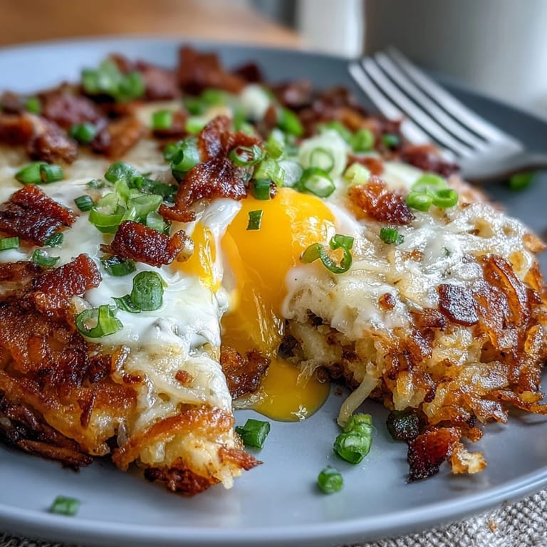Festliches Hash Brown Skillet, serviert mit flüssigem Eigelb und Kräutern.