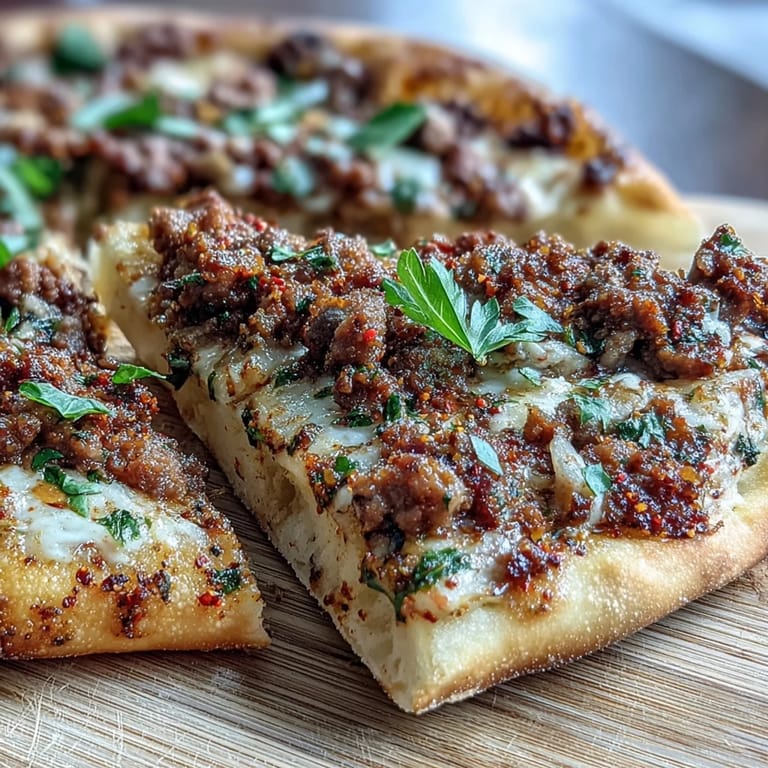 Hausgemachtes Lahmacun: Herzhaftes Lamm-Topping auf dünnem, knusprigem Fladenbrot.