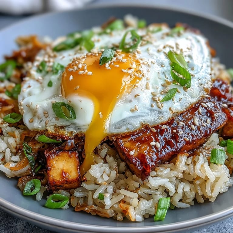 Eine Schüssel Kimchi Fried Rice, mit lebhaften Farben und würzigem Geschmack.