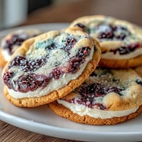 1. Zarte, buttrige Kekse mit cremiger Cheesecake-Füllung und leuchtenden Blaubeerwirbeln, ein traumhaftes, marmoriertes Dessert für jede Gelegenheit.  