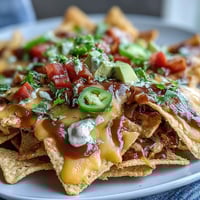 Käsige Nachos mit knusprigen Tortilla-Chips, übergossen mit cremiger Käsesauce und frischen Toppings – perfekt für Spieltage.