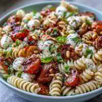 Farbenfroher Sommersalat mit Caprese-Nudeln, frischem Basilikum und cremigem Mozzarella.