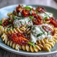 Caprese Pasta mit Burrata – cremige Pasta mit frischen Tomaten, Basilikum und geschmolzener Burrata.
